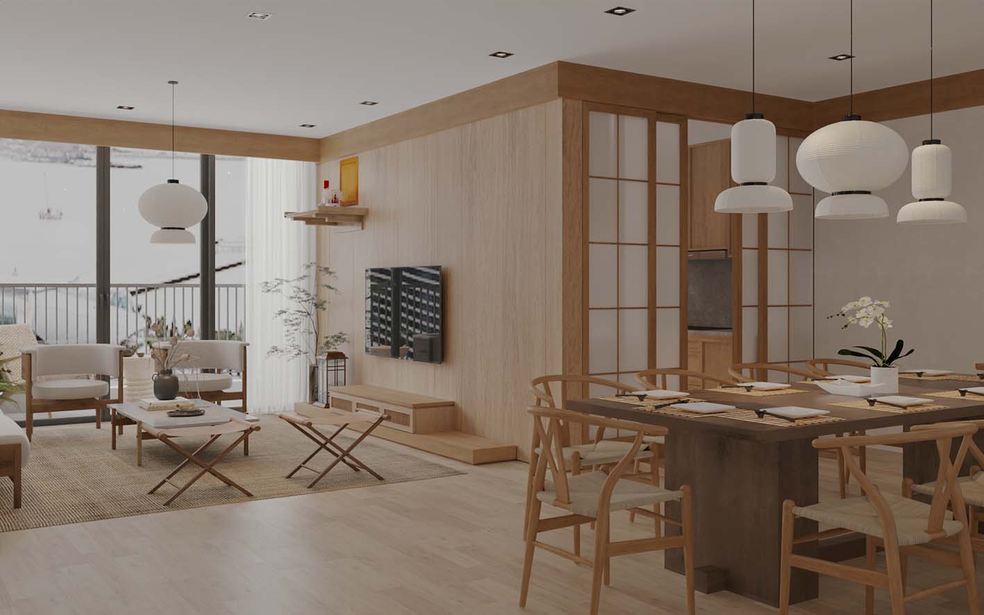 Download free 3d model of japandi livingroom & kitchen  designed by Hoan Max 782